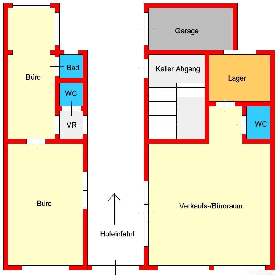 Grundriss des Erdgeschosses mit Büros, Lagerflächen, Garage und Hofeinfahrt.