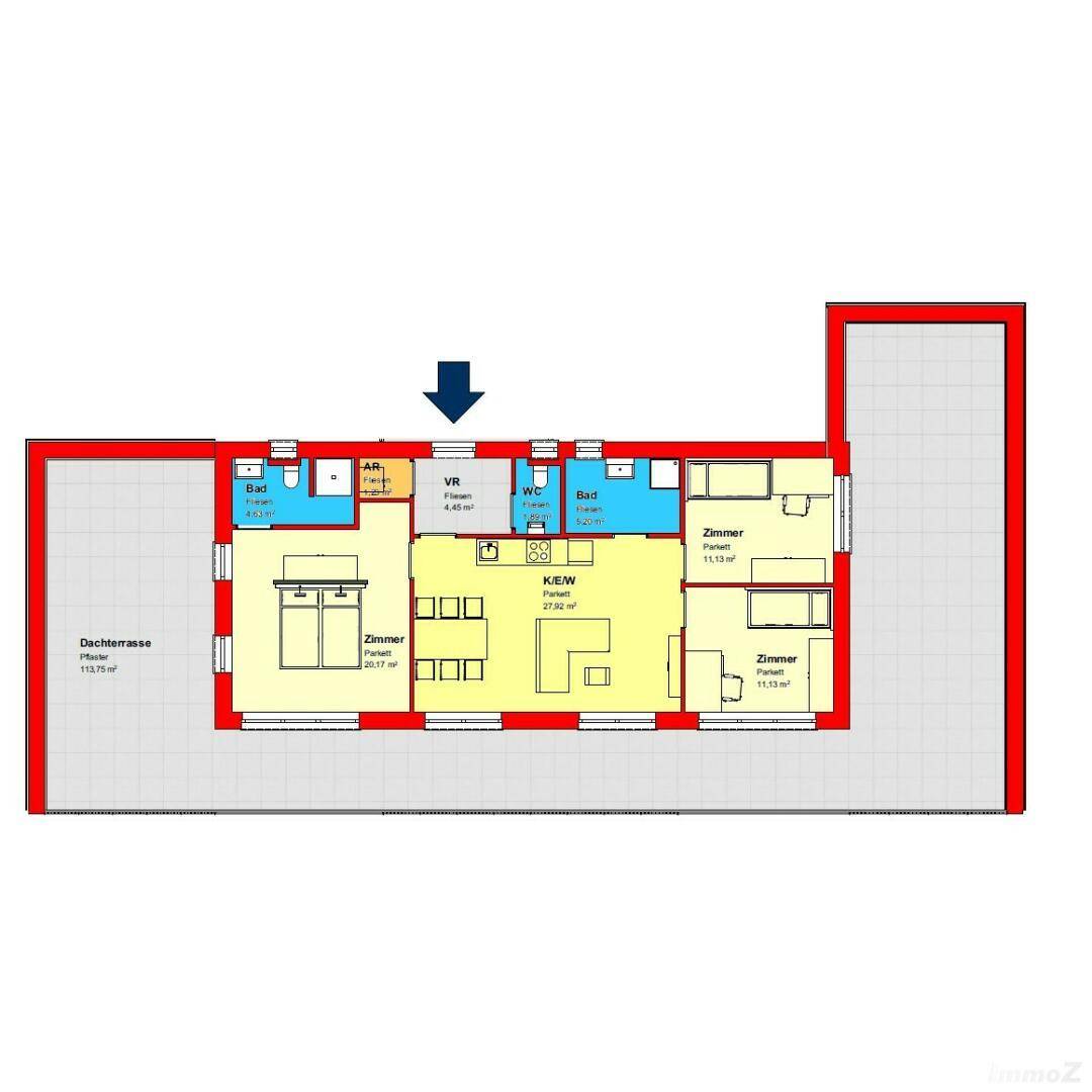 Grundriss einer Wohnung mit drei Zimmern, zwei Bädern, offener Küche und großer Dachterrasse.