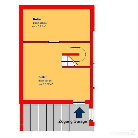 Grundriss des Kellers mit zwei großen Kellerräumen und Zugang zur Tiefgarage.