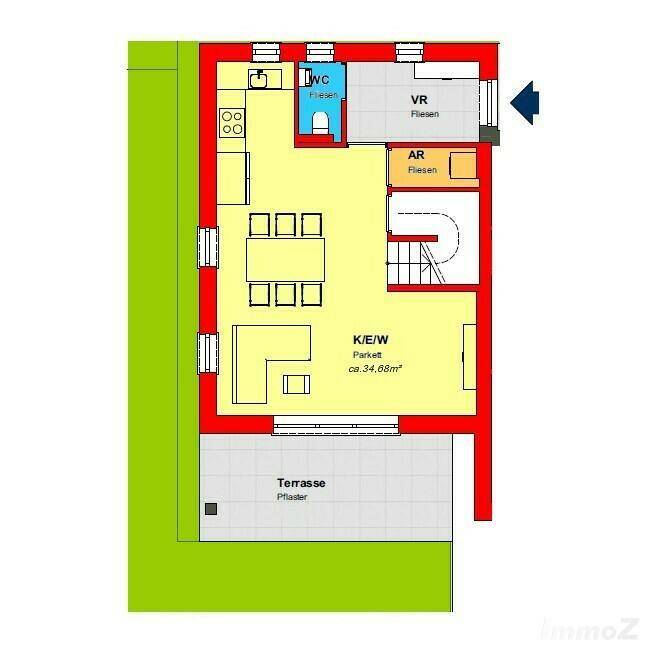 Grundriss des Erdgeschosses mit offenem Wohn-Essbereich, Küche und Zugang zur Terrasse.