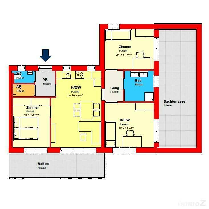 Detaillierter Grundriss einer Wohnung mit drei Zimmern, Balkon und großer Dachterrasse.