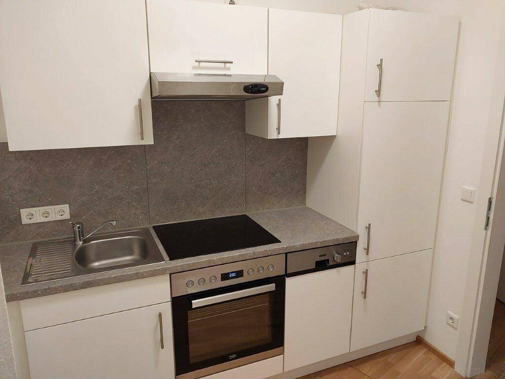 Moderne Einbauküche mit weißen Schränken, Induktionskochfeld und integriertem Geschirrspüler.
