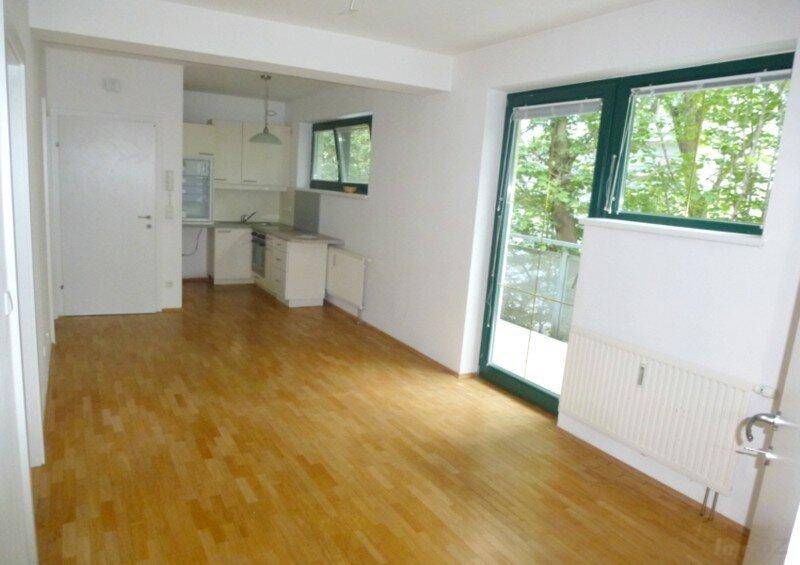 Heller Wohnbereich mit Parkettboden, integrierter Küchenzeile und Zugang zum Balkon.