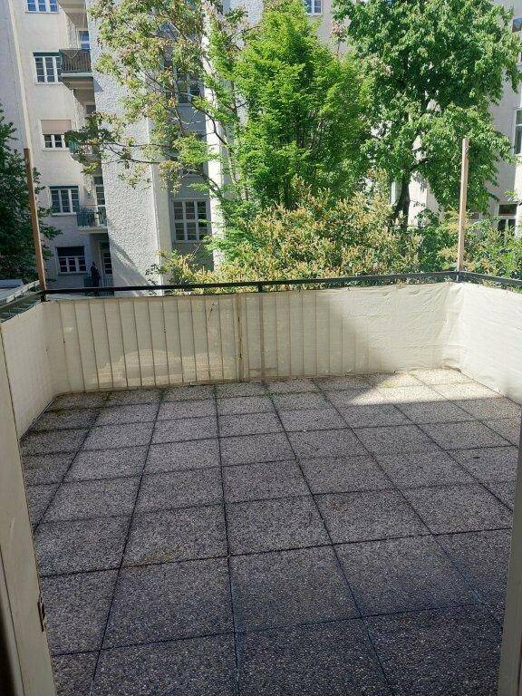 Blick von innen auf die geflieste Terrasse mit Sichtschutz und grüner Umgebung.