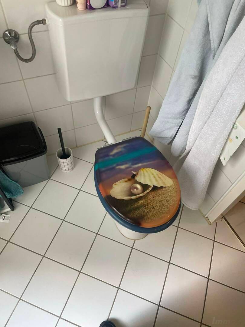 Toilette mit farbigem Deckel und Fliesenboden.