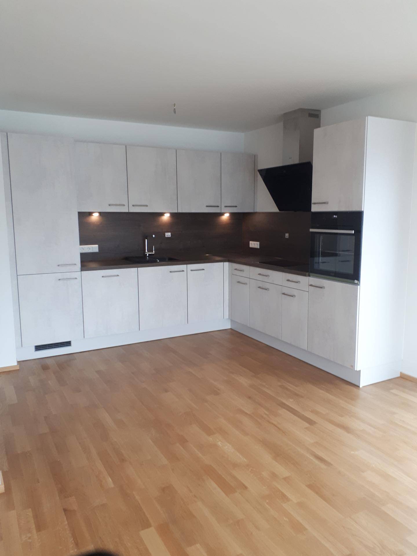 Moderne L-förmige Einbauküche mit hellgrauen Schränken, dunkler Arbeitsplatte und integrierten Geräten.