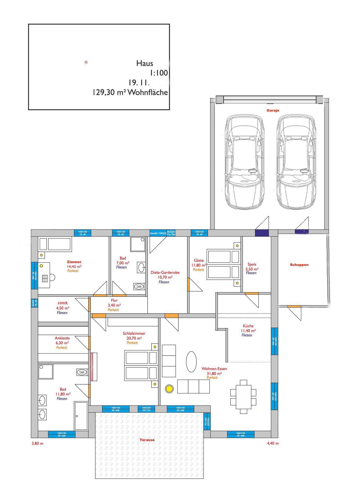 Grundrissplan des Hauses mit 129,30 m² Wohnfläche, Terrasse und Doppelgarage.
