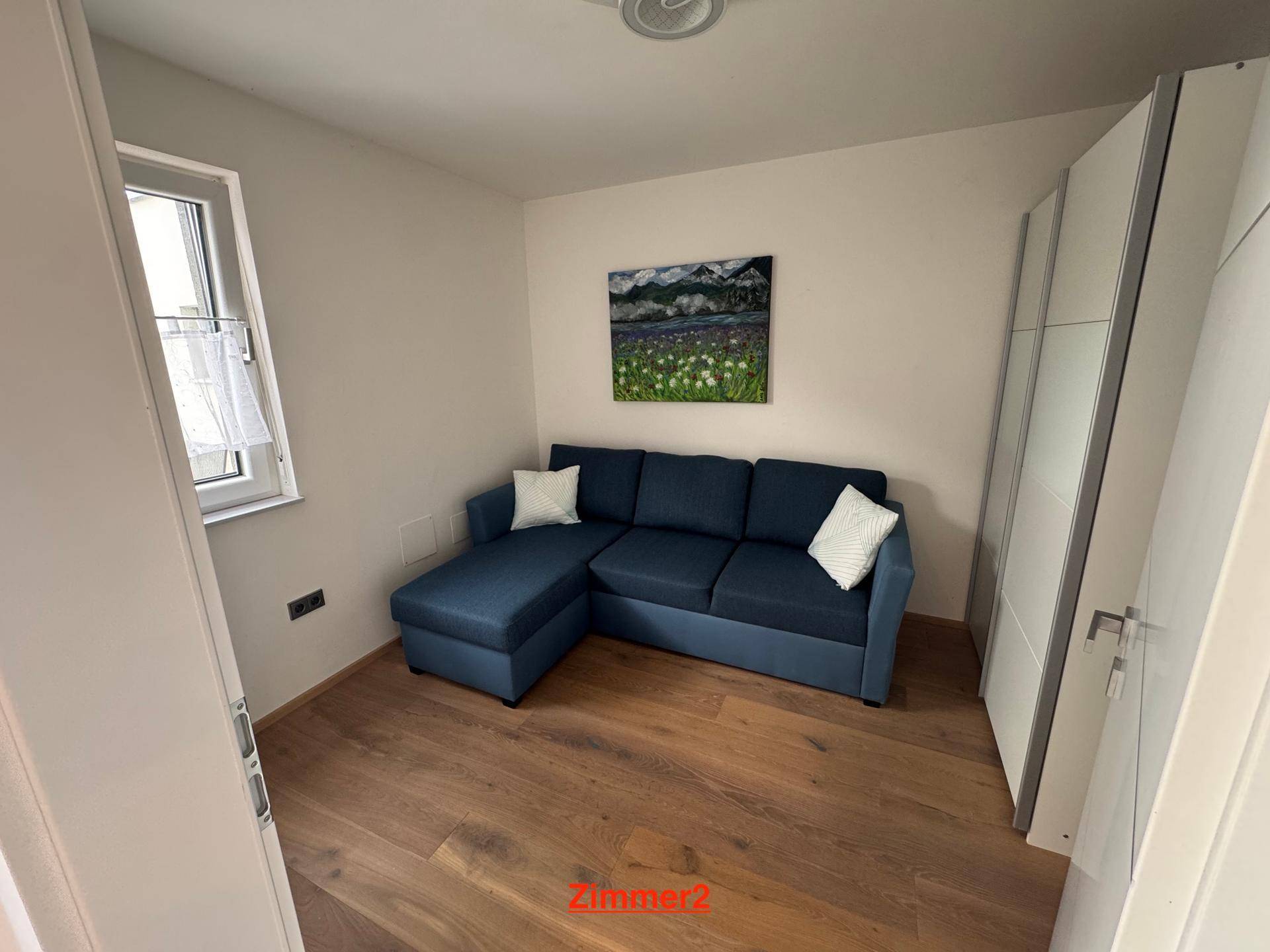 Gemütliches Zimmer mit Schlafsofa, Holzboden und einem Fenster.