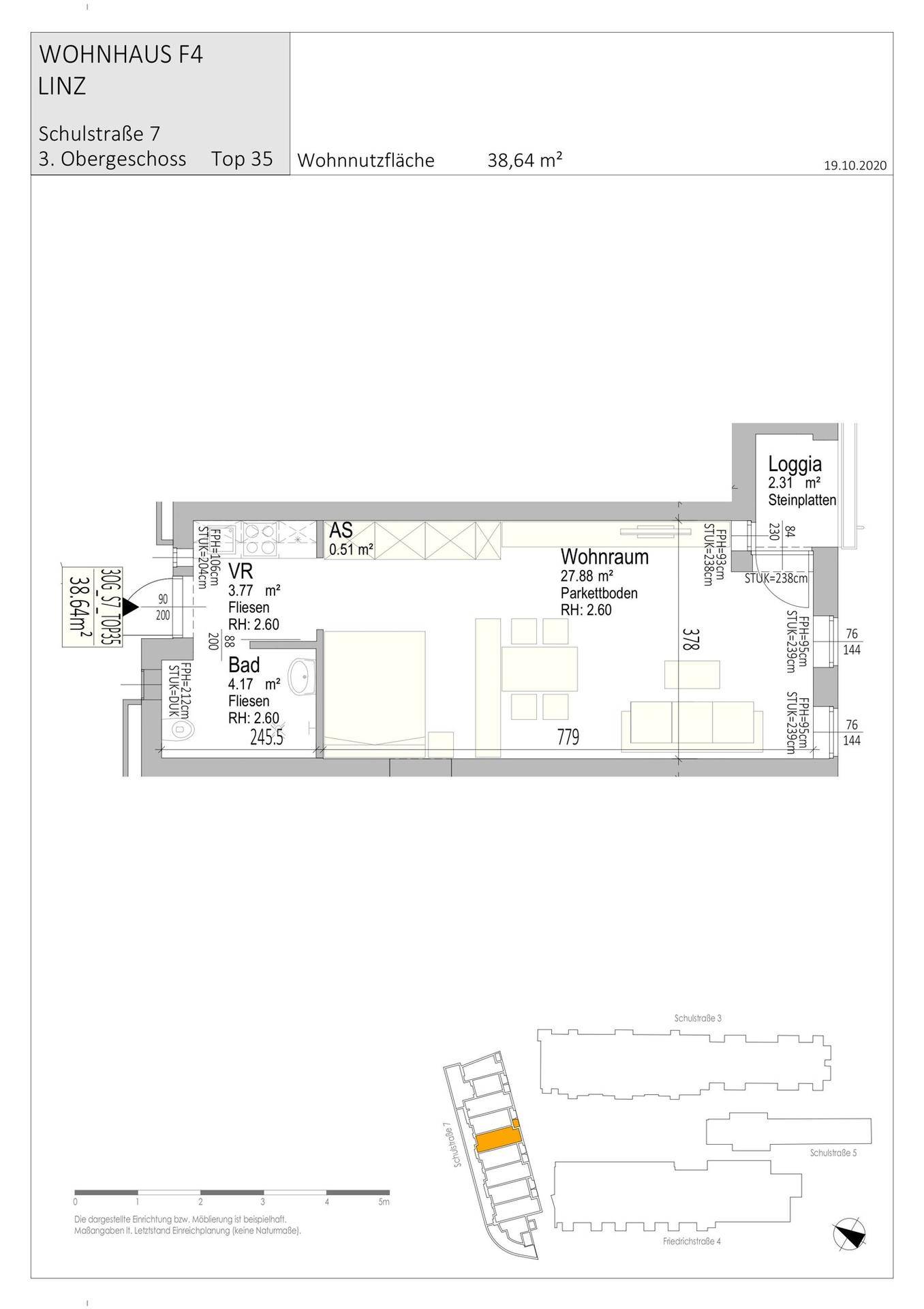 Grundrissplan einer Wohnung mit offenem Wohnbereich, Bad und Loggia.