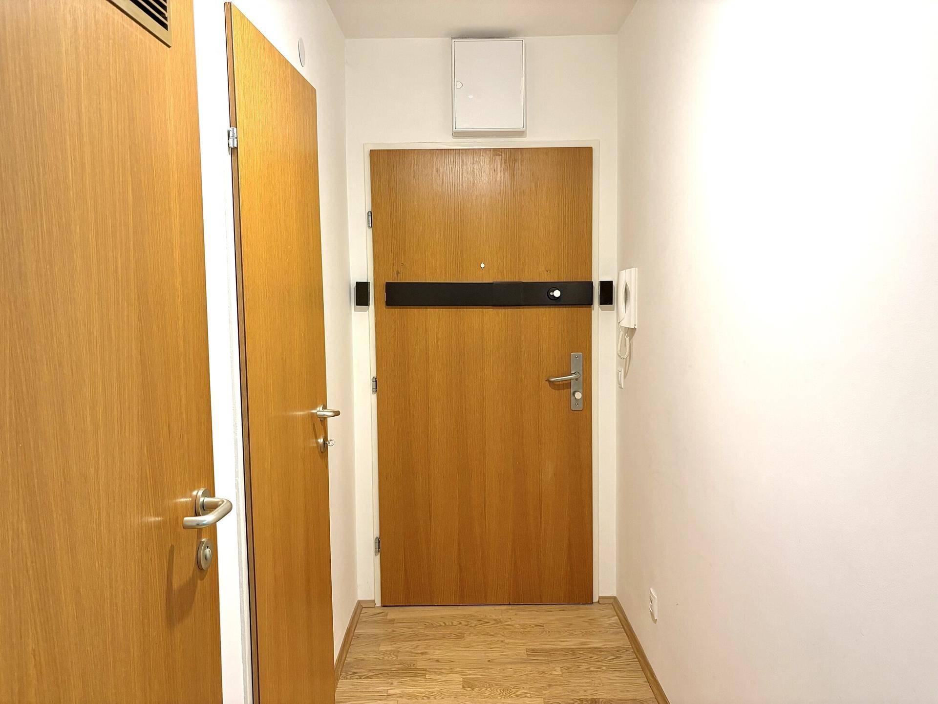 Eingangsbereich mit Sicherheitstür, Gegensprechanlage und Holzboden in einem modernen Gebäude.
