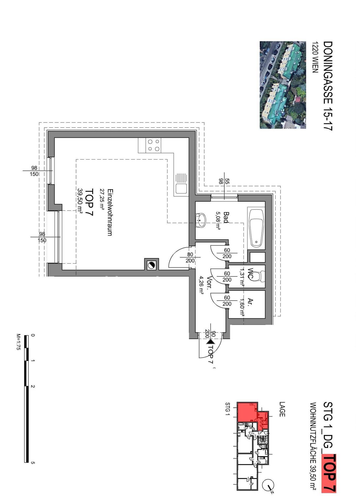 Grundriss der Wohnung TOP 7 mit offenem Wohnbereich, Bad, WC und Abstellraum.