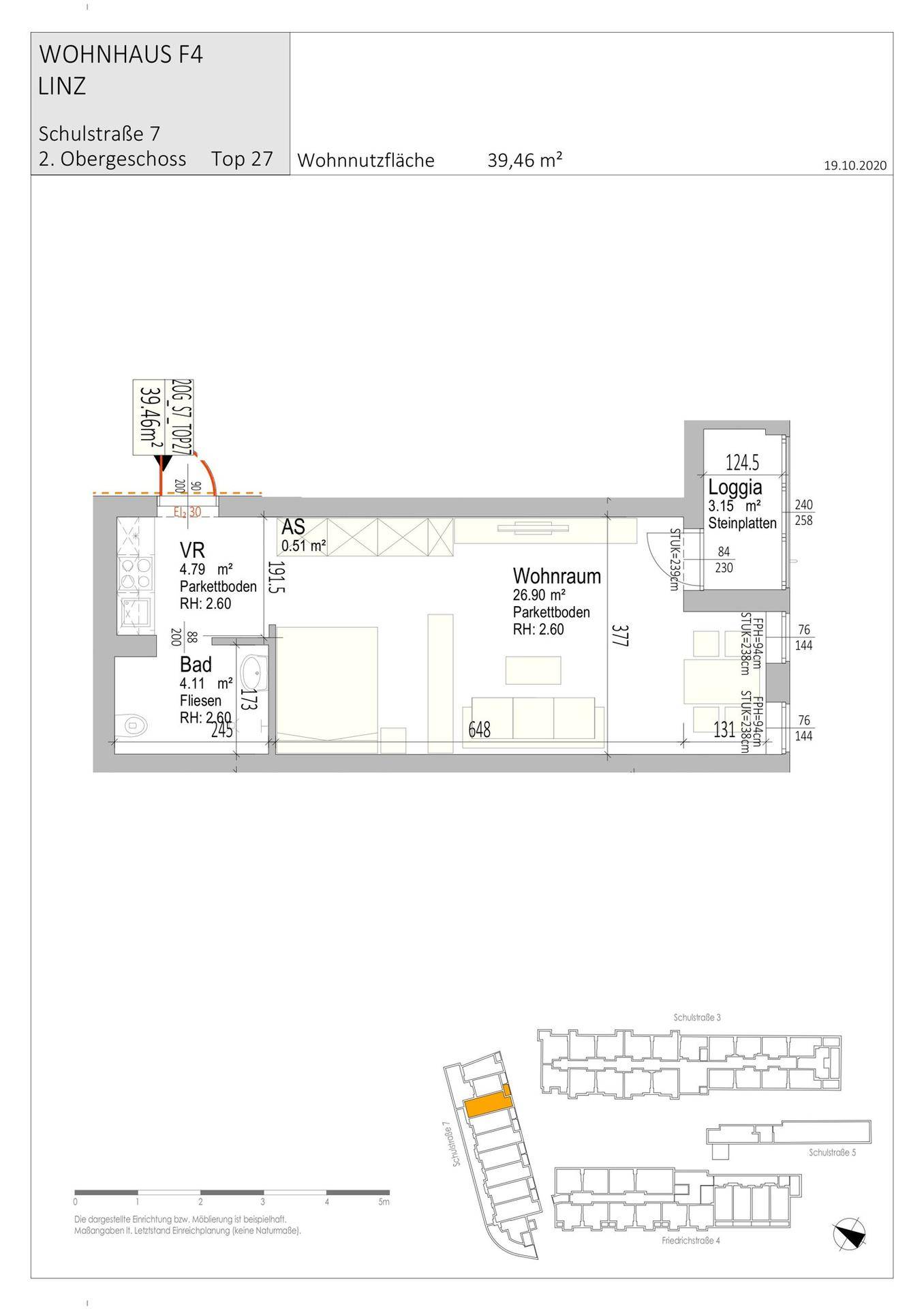 Grundriss einer Wohnung im 2. Obergeschoss mit Loggia und offenem Wohnraum.