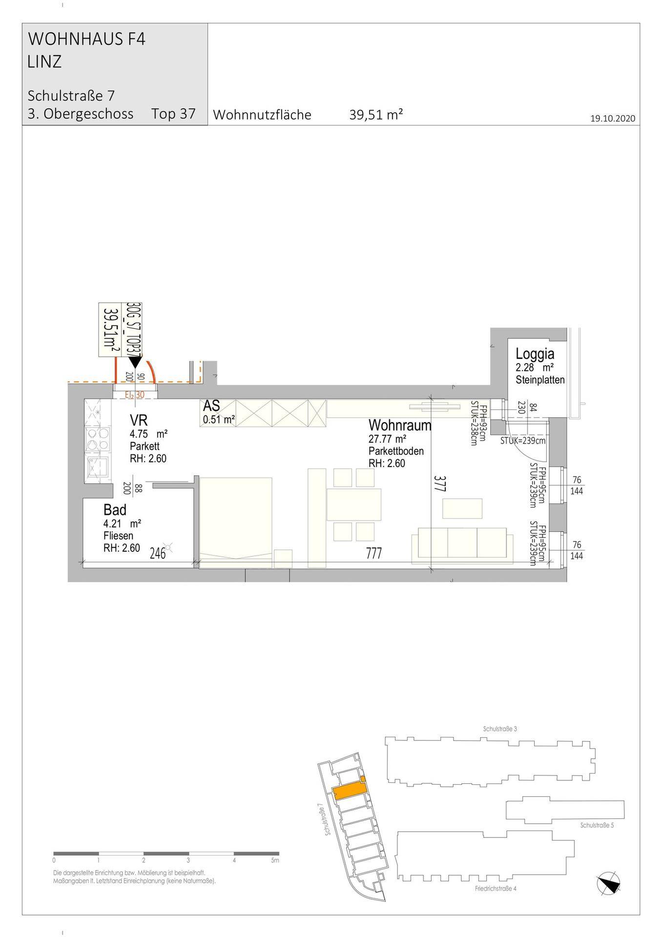 Grundriss einer Wohnung mit Wohnraum, Bad und Loggia, Gesamtfläche 39,51 m².