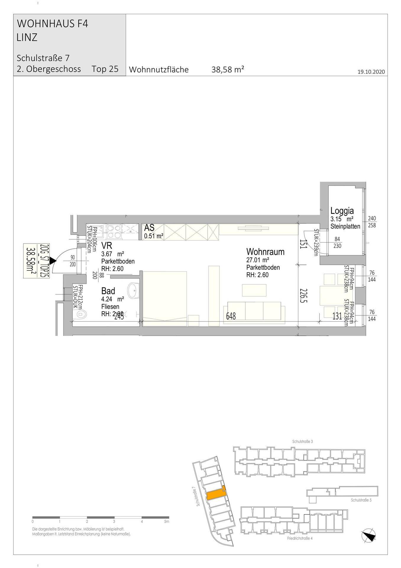 Grundriss einer Wohnung mit 38,58 m² Wohnfläche und Loggia.
