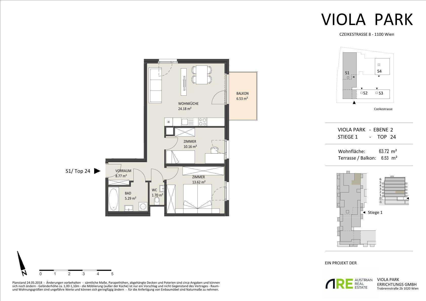 Detaillierter Grundriss einer Wohnung im Viola Park mit offener Wohnküche und Balkon.