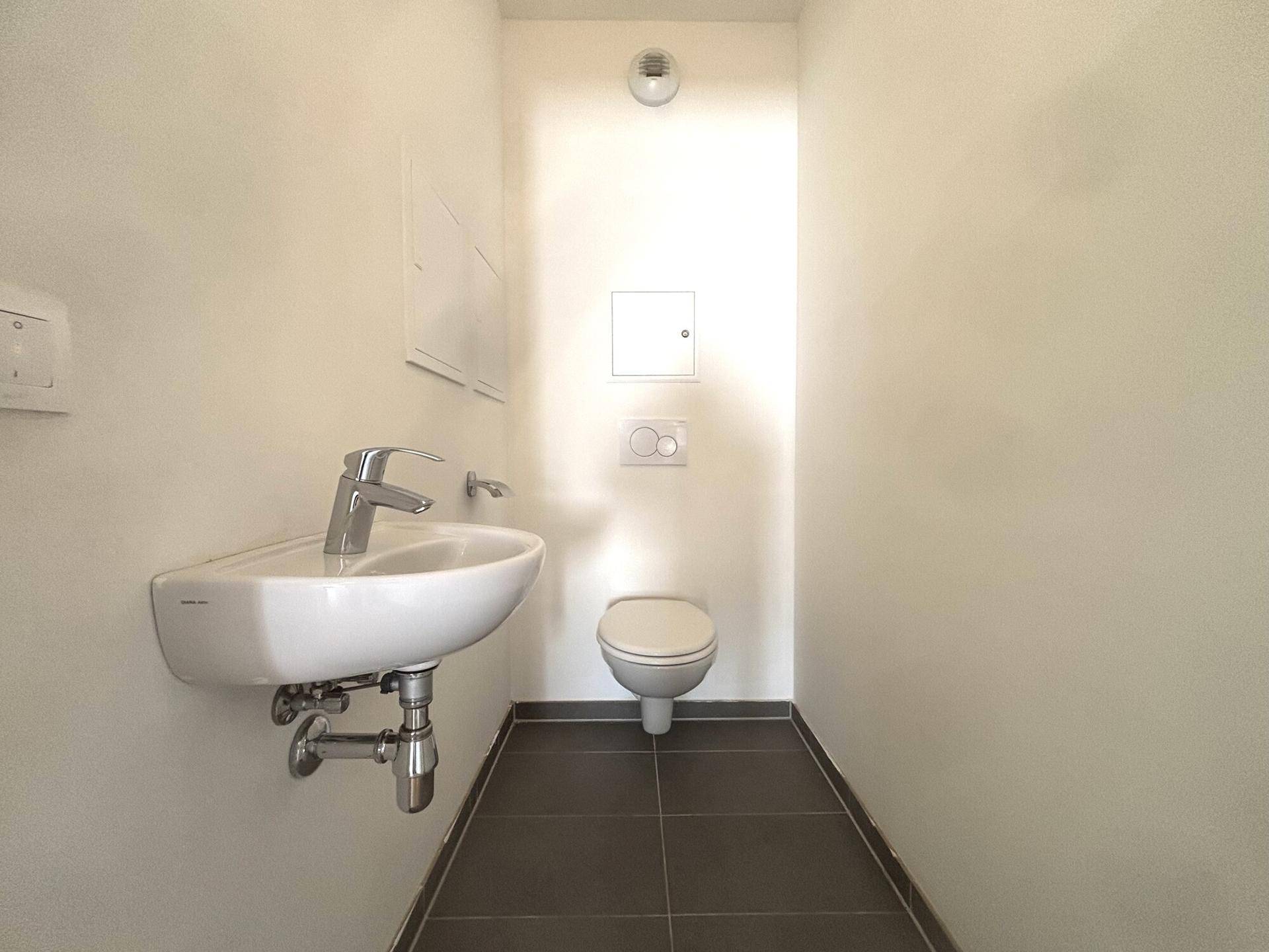 Separates WC mit wandhängender Toilette, kleinem Waschbecken und dunklen Bodenfliesen.