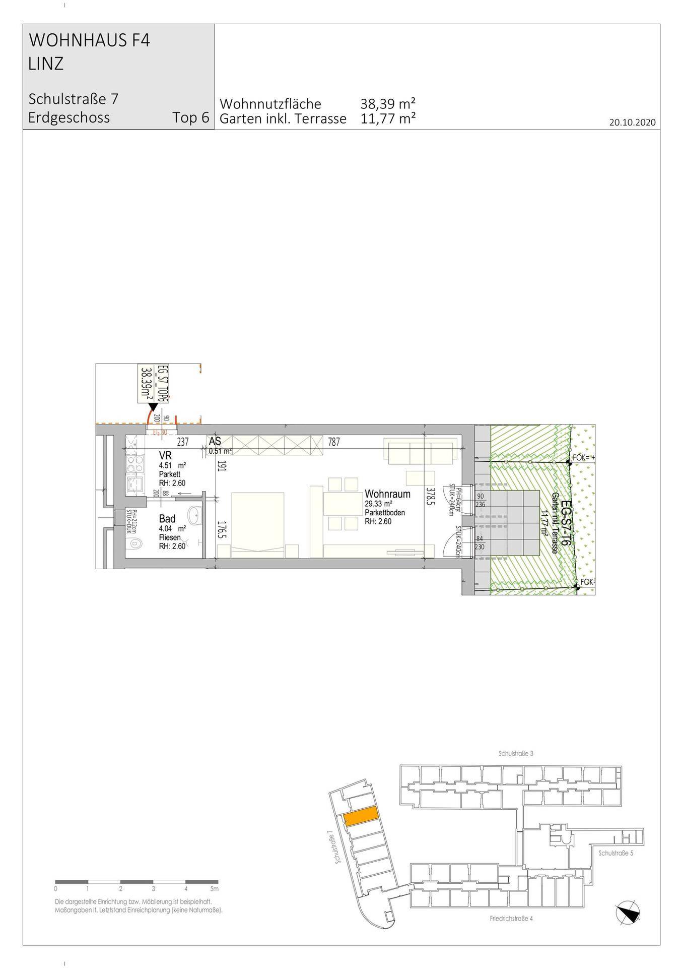 Grundriss der Erdgeschosswohnung mit Wohnraum, Bad und direktem Zugang zu einer Terrasse und Garten.