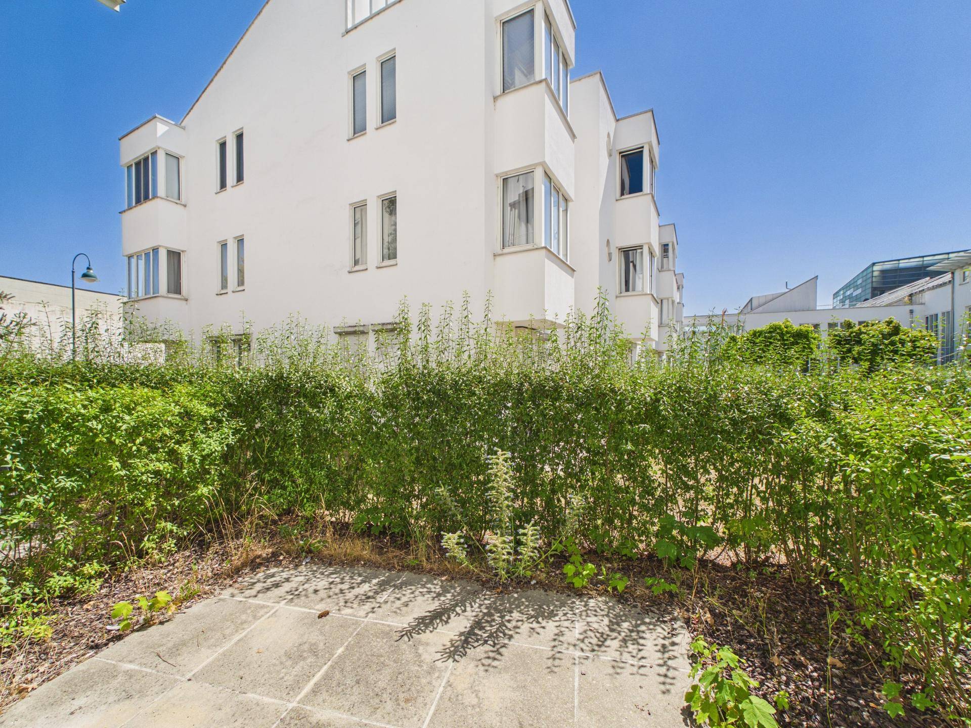 Weiße moderne Gebäudefassade mit vielen Fenstern und grünen Hecken im Vordergrund unter blauem Himmel.