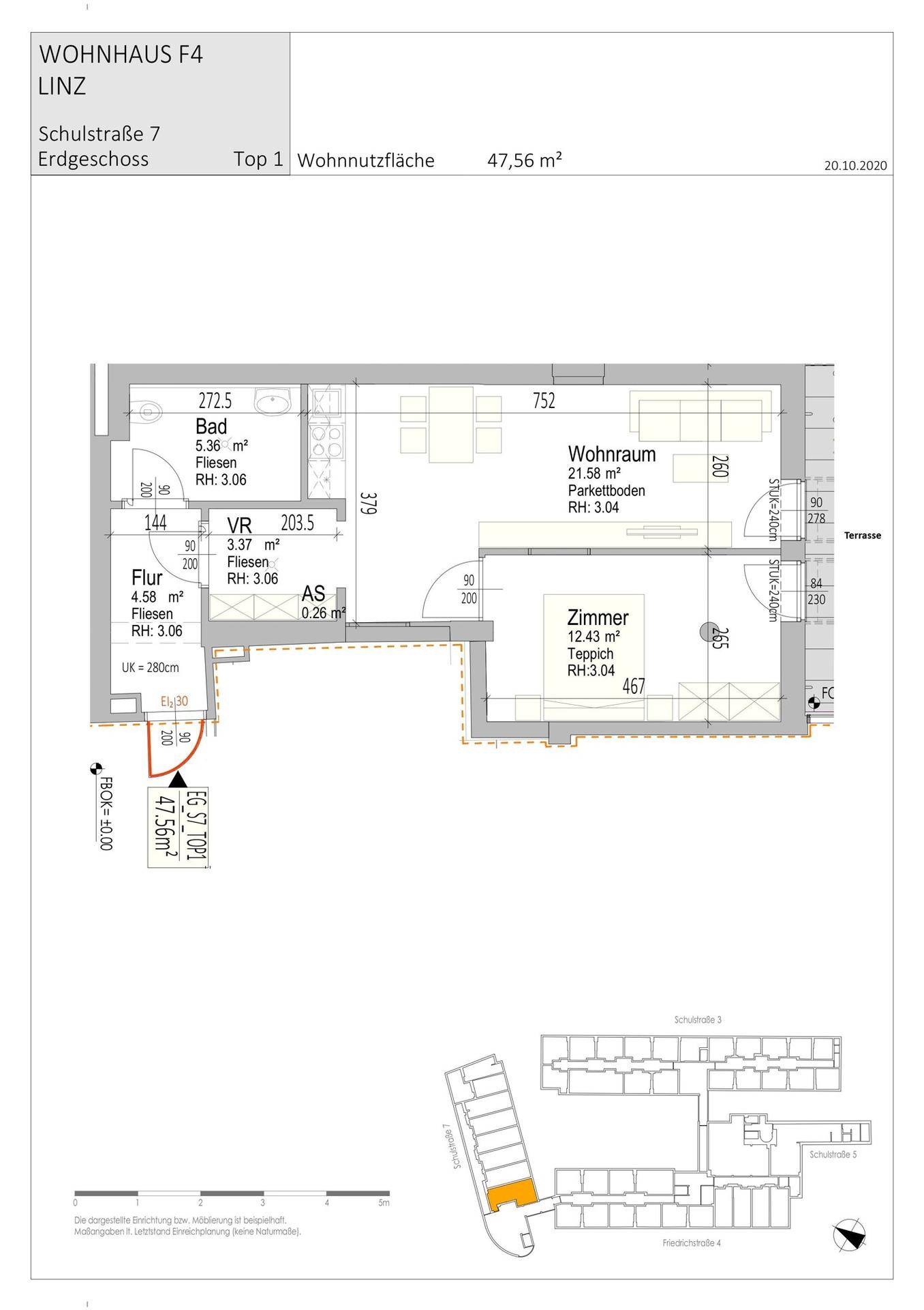 Grundriss einer Wohnung im Erdgeschoss mit Wohnraum, Zimmer, Bad und Terrasse.