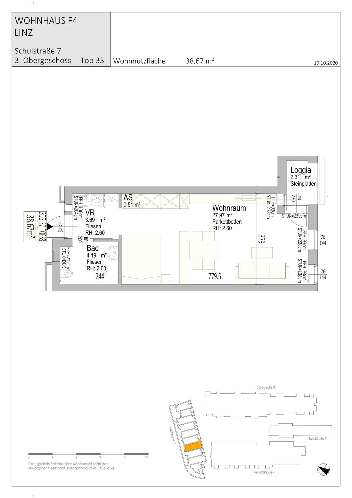 Grundriss einer kompakten Wohnung im 3. Obergeschoss mit Wohnraum, Bad und Loggia.
