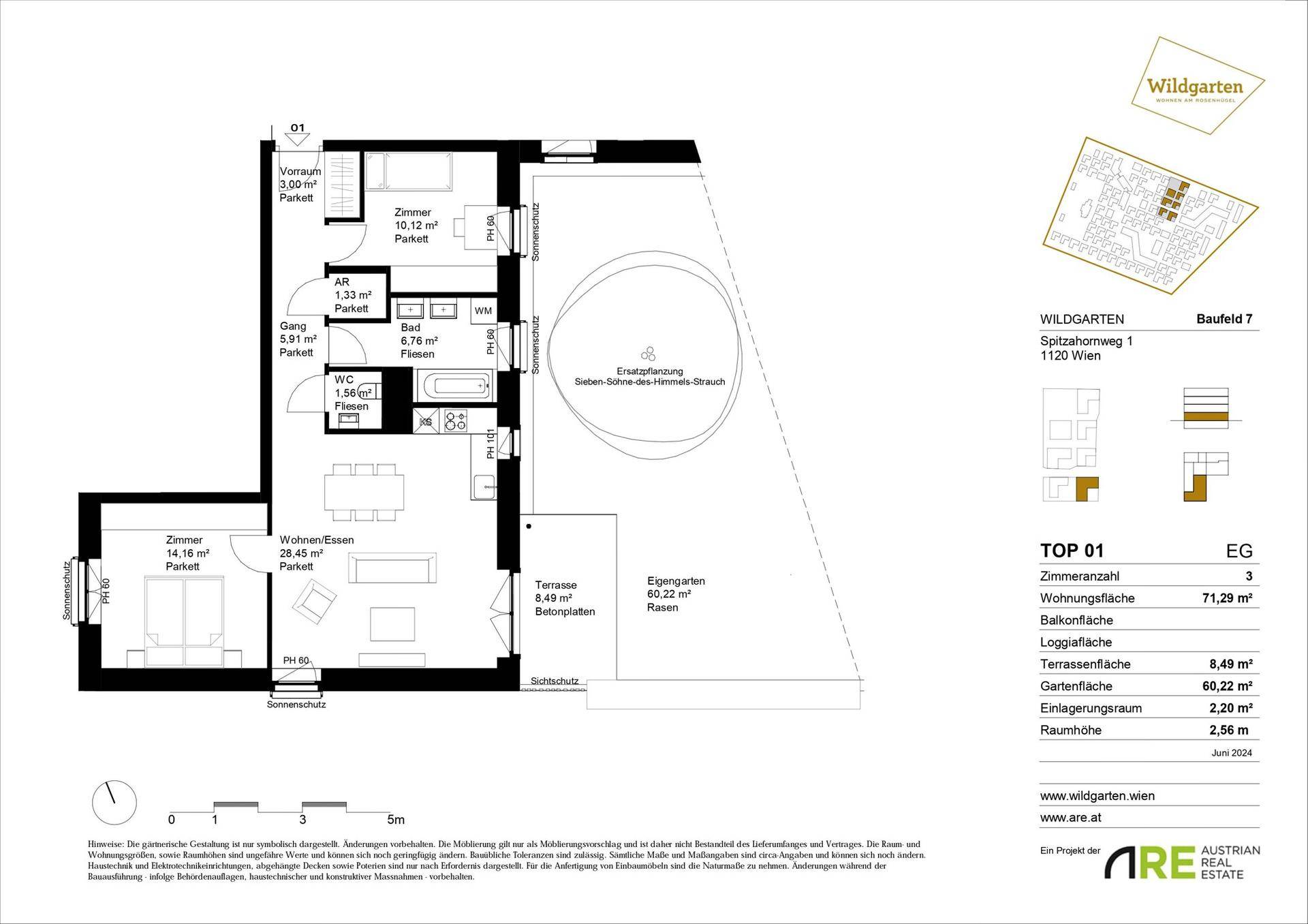 Detaillierter Grundriss einer Erdgeschosswohnung mit Terrasse und eigenem Garten.