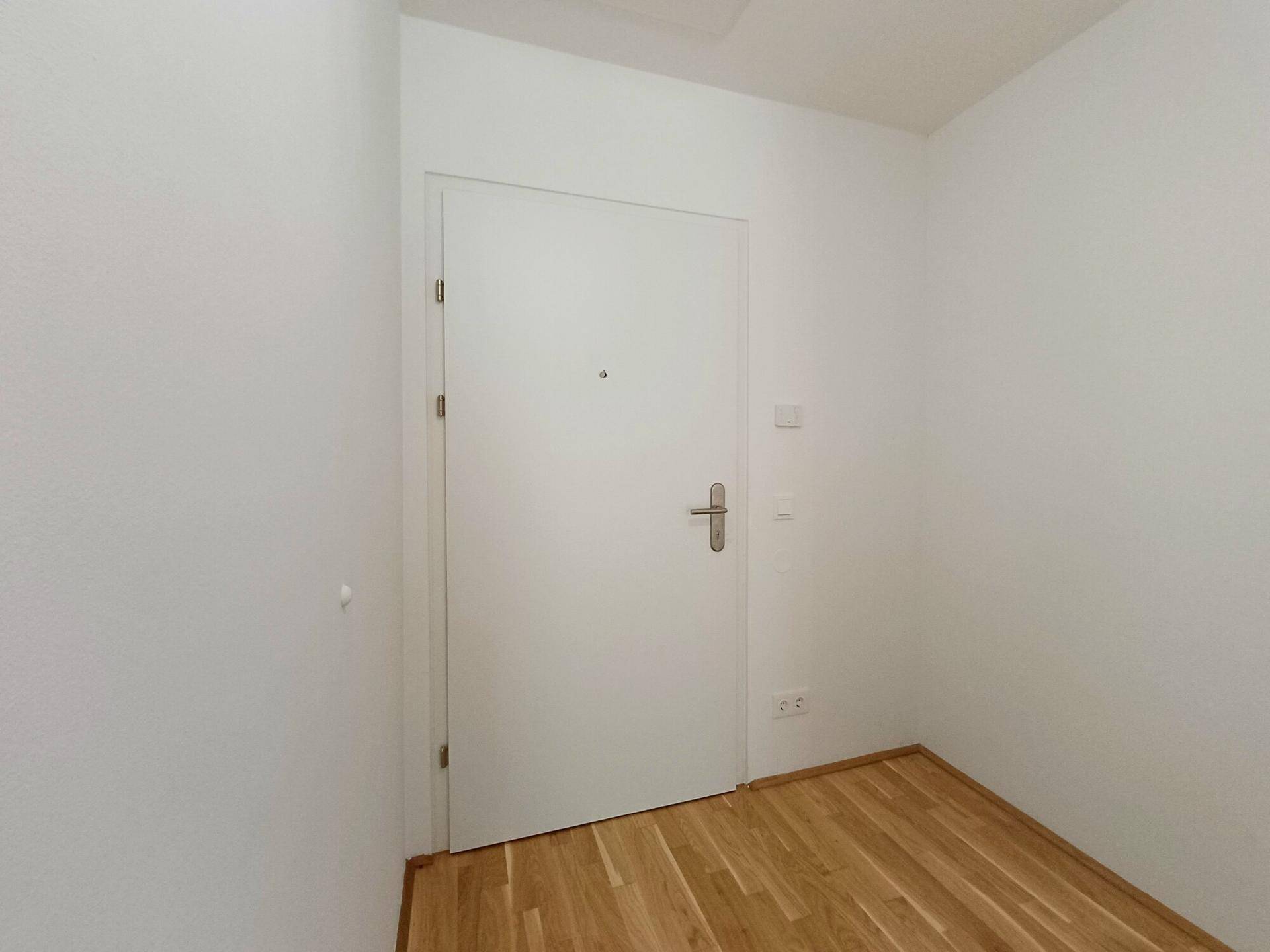 Eingangsbereich mit Holzboden und weißer Eingangstür, die in die Wohnung führt.
