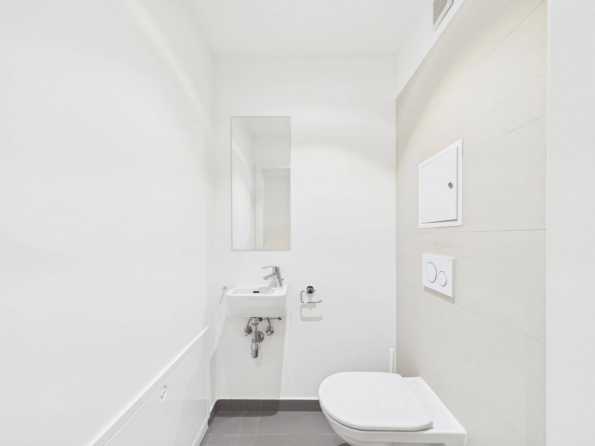 Kleines, modernes Gäste-WC mit wandhängender Toilette und Handwaschbecken.