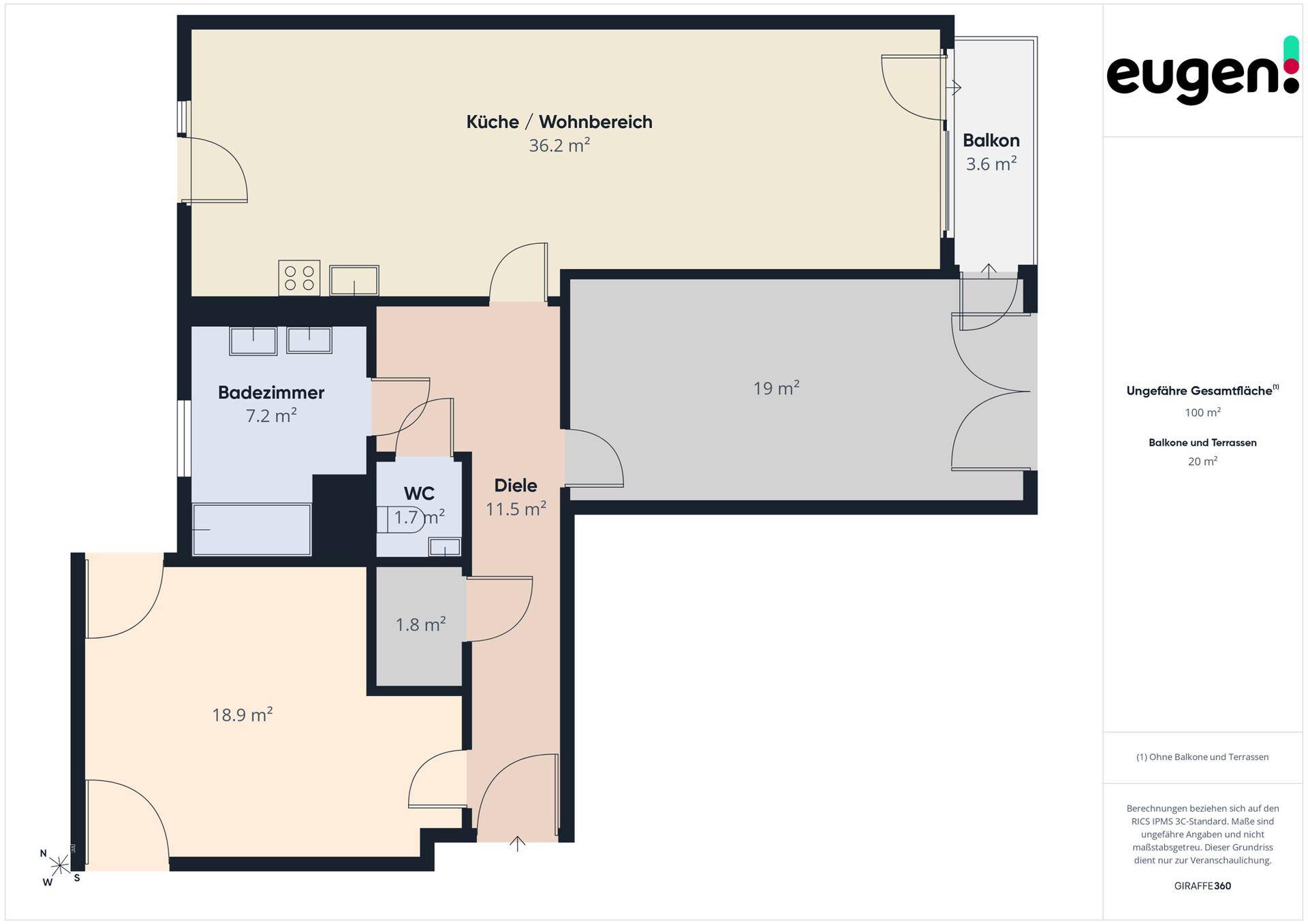 Übersichtlicher Grundriss einer Wohnung mit offenem Wohnbereich, Bad, WC und Balkon.