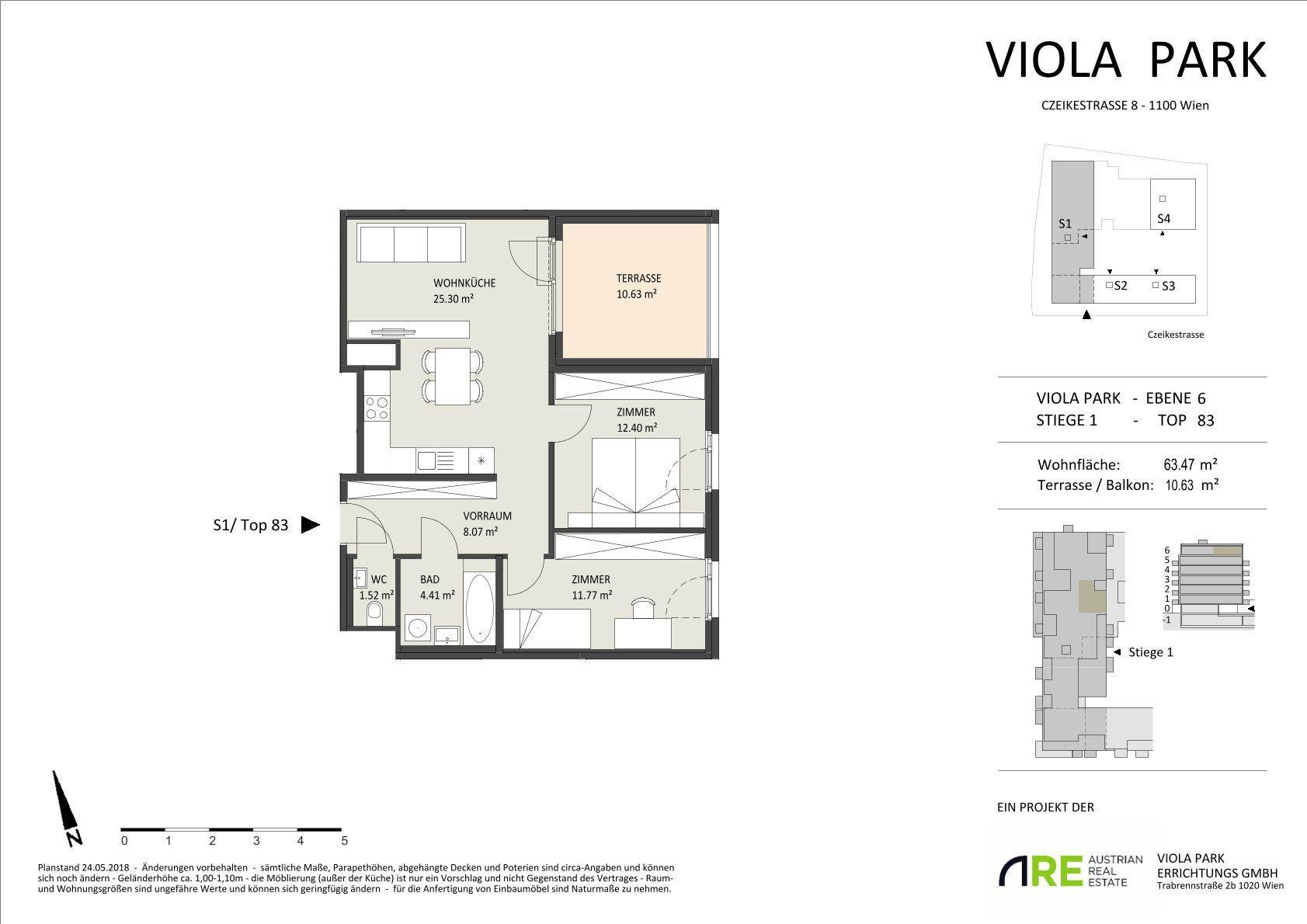 Grundriss einer Wohnung mit Wohnküche, zwei Zimmern und Terrasse, effiziente Raumaufteilung.