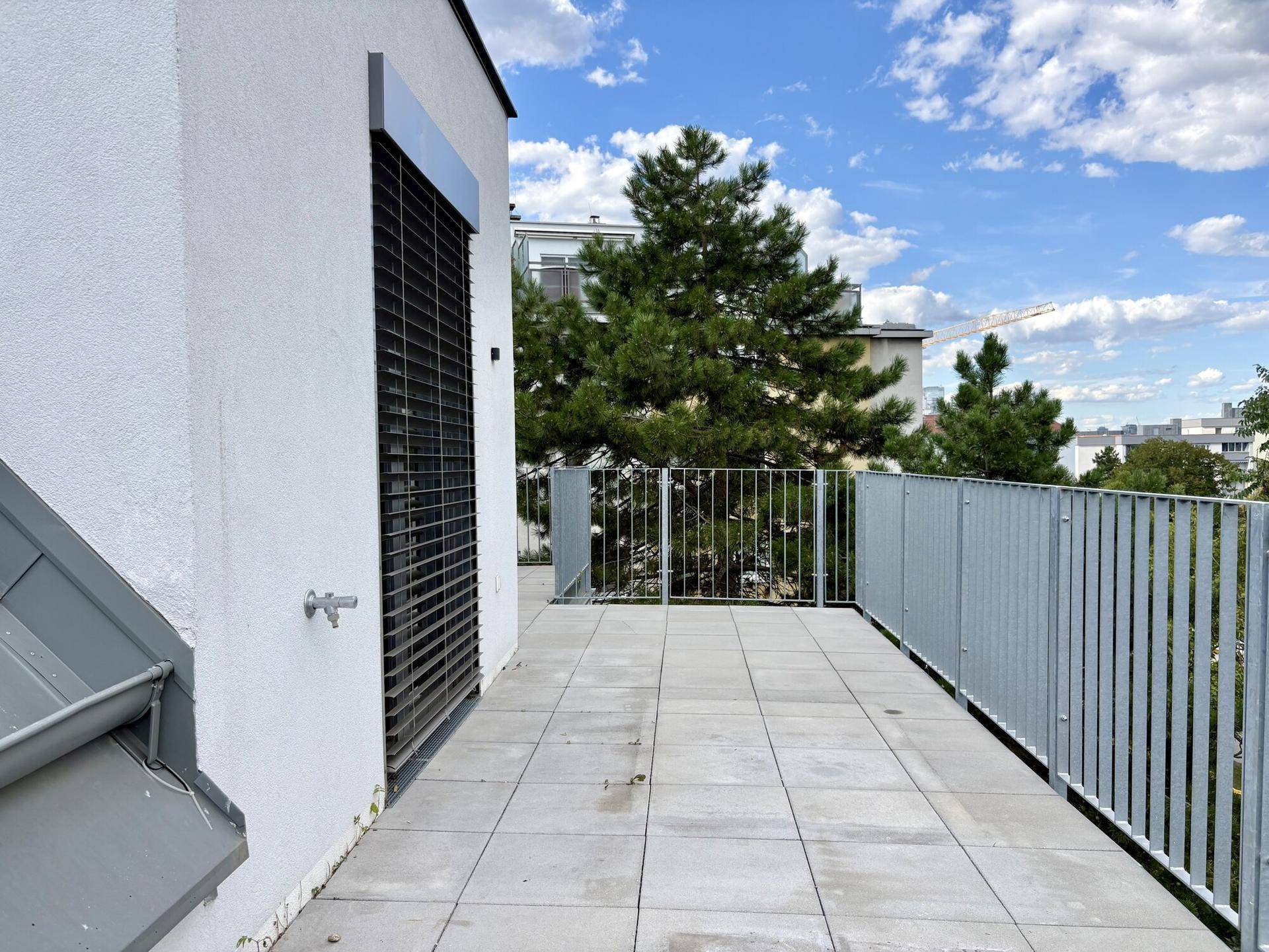 Helle Dachterrasse mit modernem Geländer und umgebenden Bäumen.