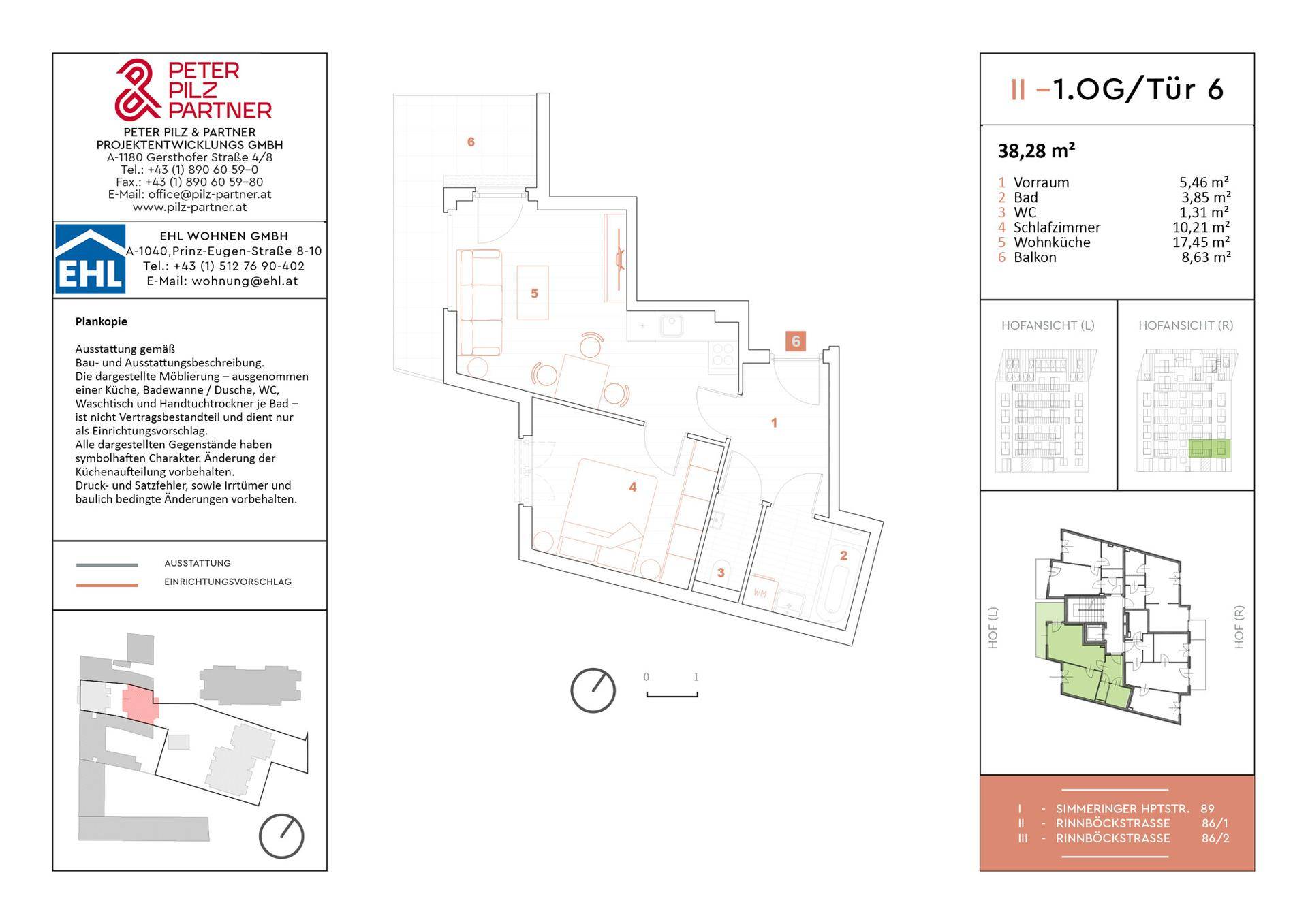 Detaillierter Grundriss einer Wohnung im ersten Obergeschoss mit Balkon und separatem WC.