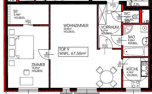 Grundriss der Wohnung mit Wohnzimmer, Zimmer, Küche, Bad und WC auf 67,58m².