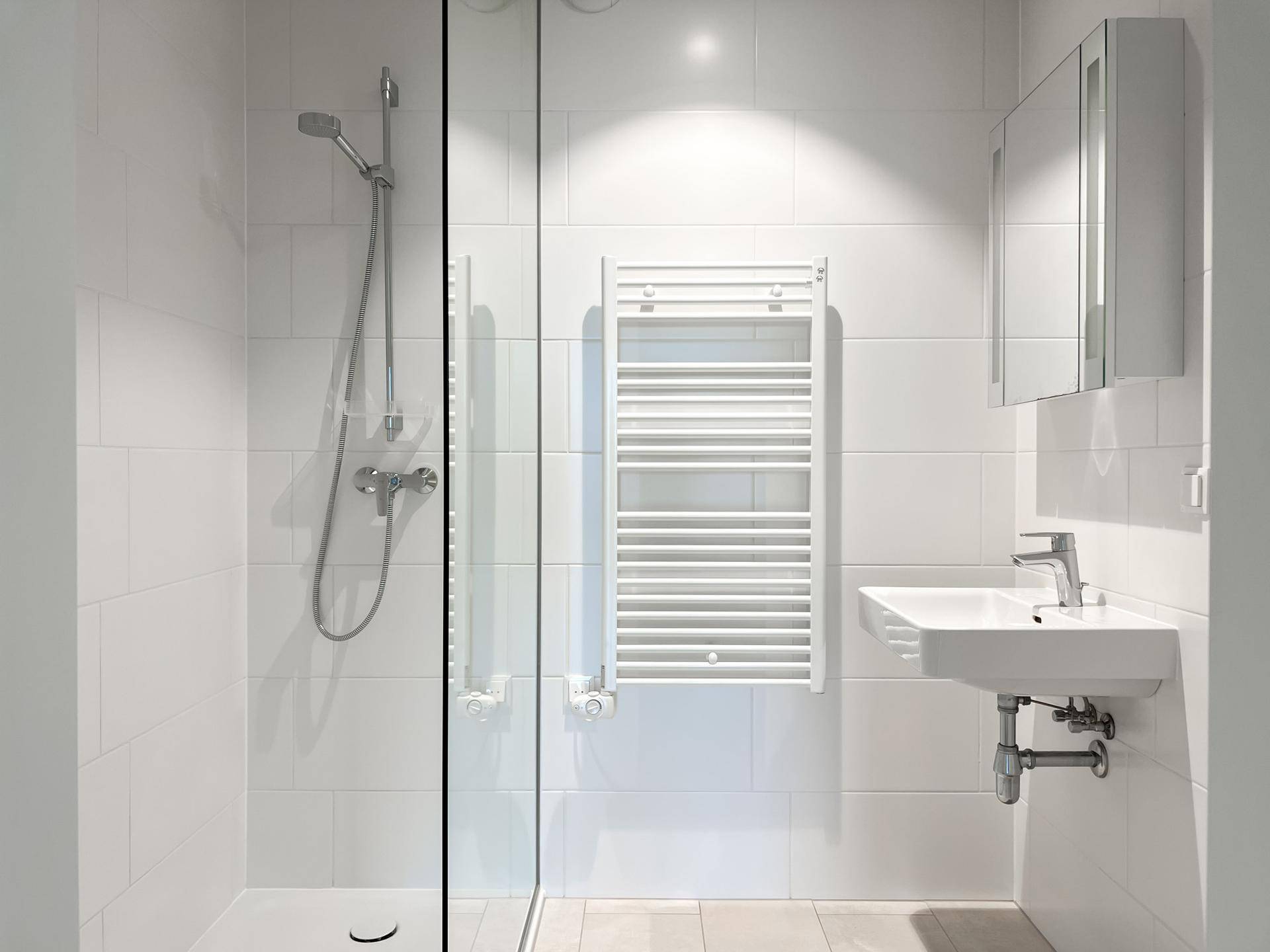 Helles Badezimmer mit Glasdusche, Wandwaschbecken und praktischem Spiegelschrank.