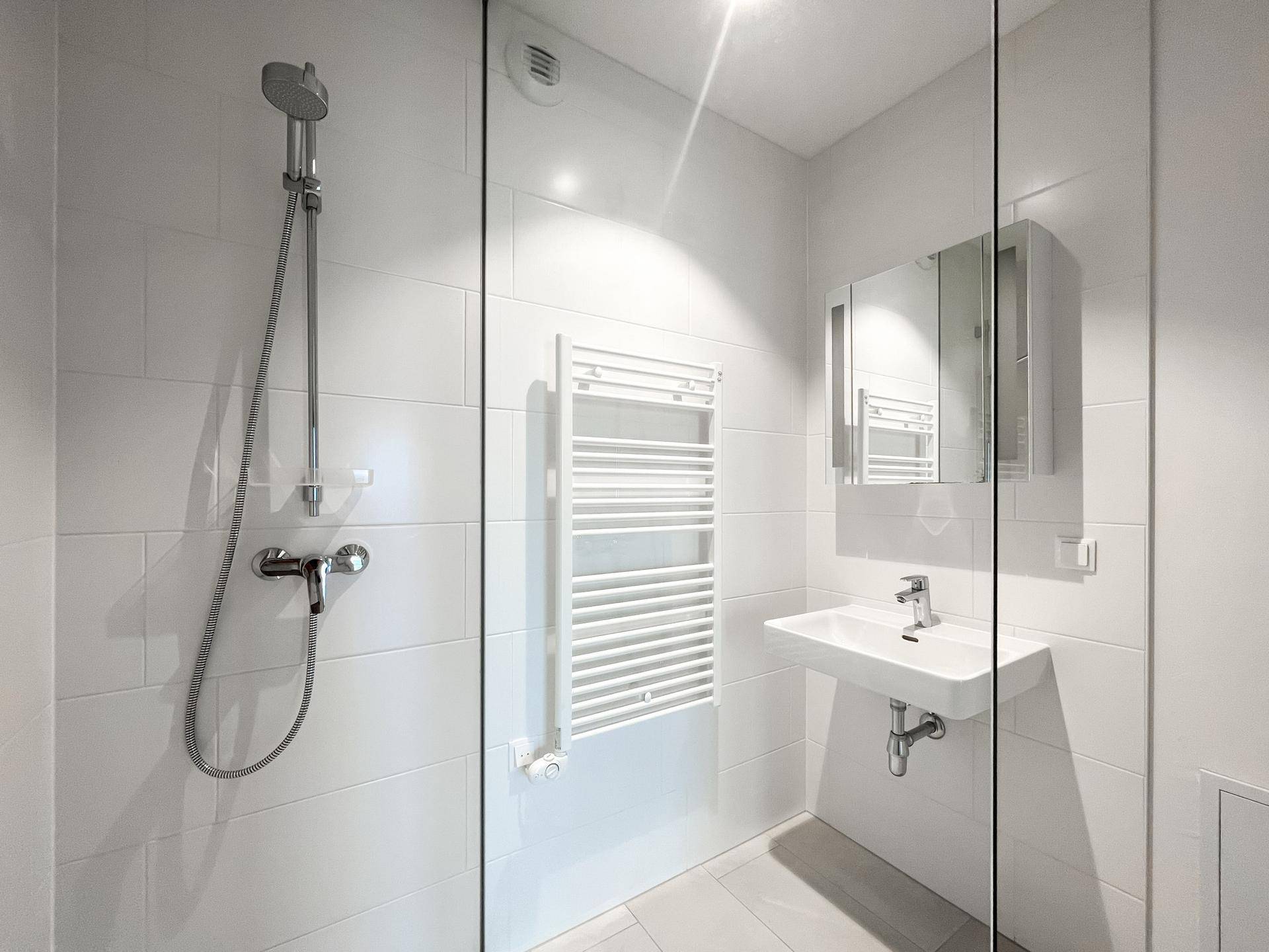 Modernes Badezimmer mit ebenerdiger Dusche, Waschbecken und beheiztem Handtuchhalter.
