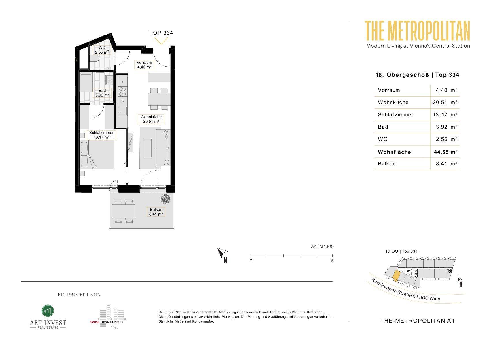 Grundriss einer Wohnung mit Wohnküche, Schlafzimmer, Bad und Balkon.