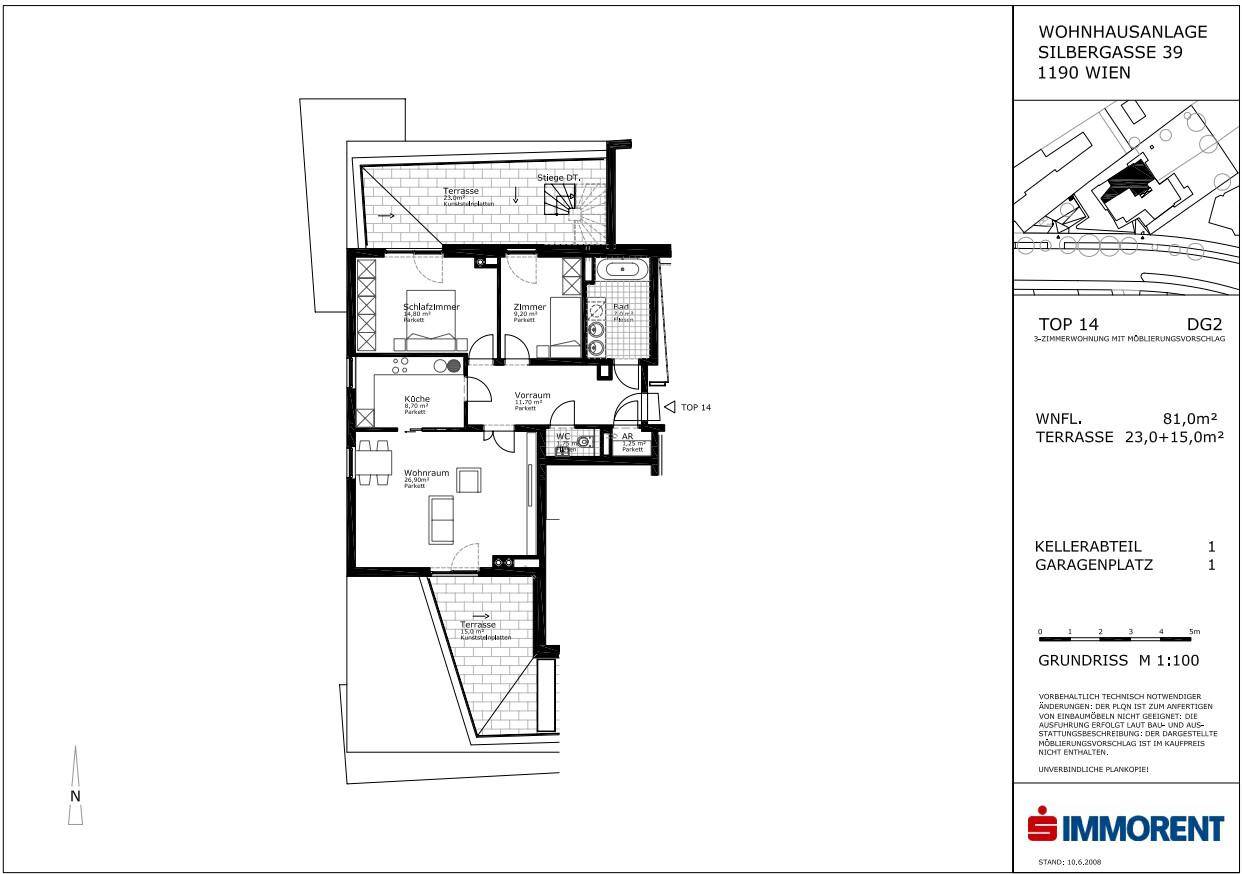 Grundriss der Wohnung Top 14 mit 81m² Wohnfläche und zwei Terrassen.