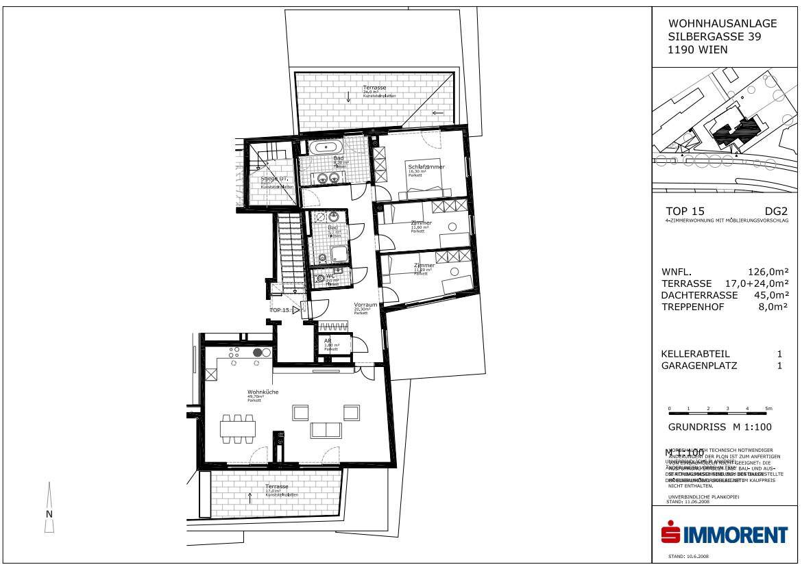 Detaillierter Grundriss der Wohnung mit Wohnfläche, Terrasse und Dachterrasse.