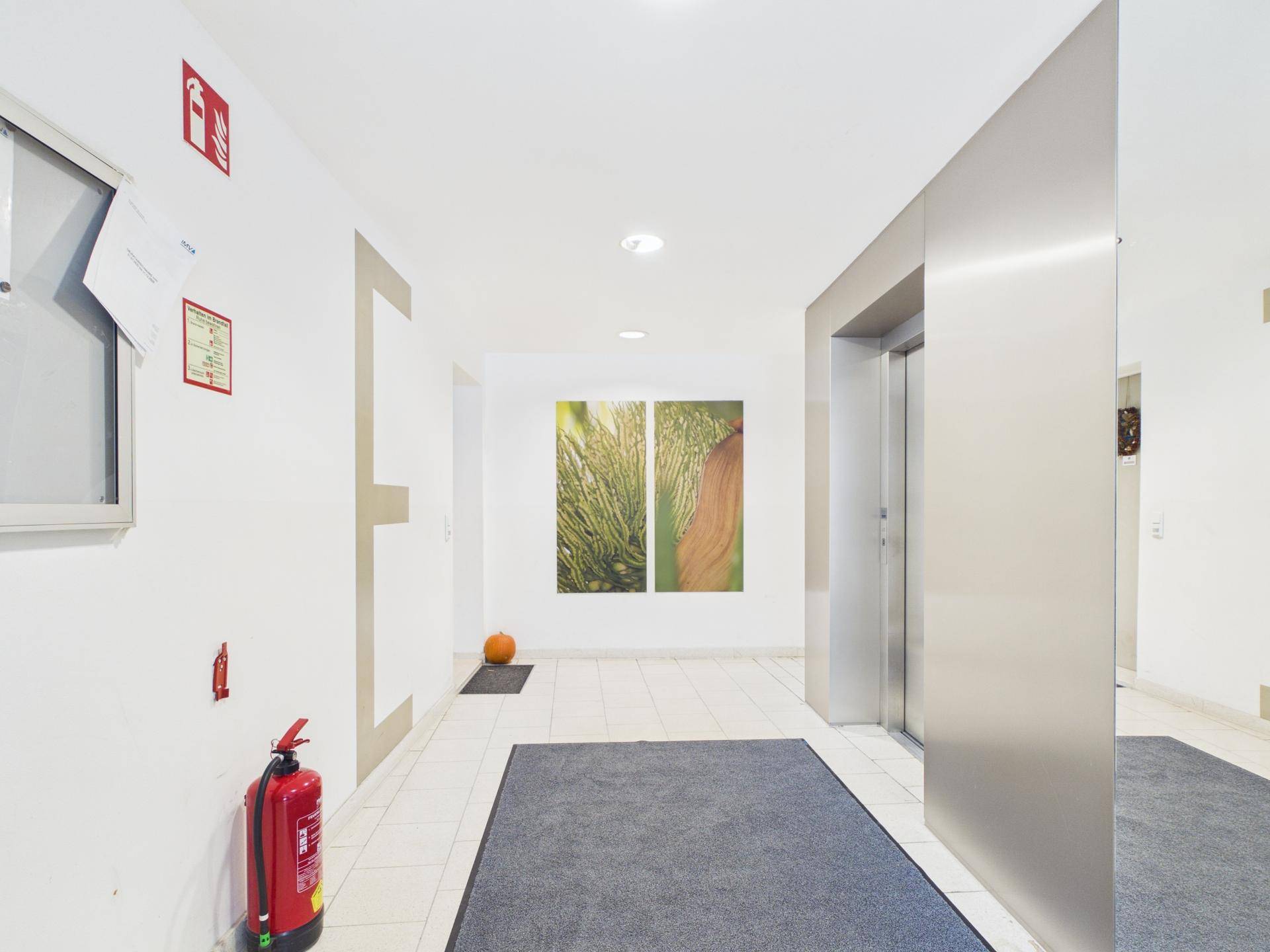 Moderner Eingangsbereich mit Aufzug und Kunst an der Wand.