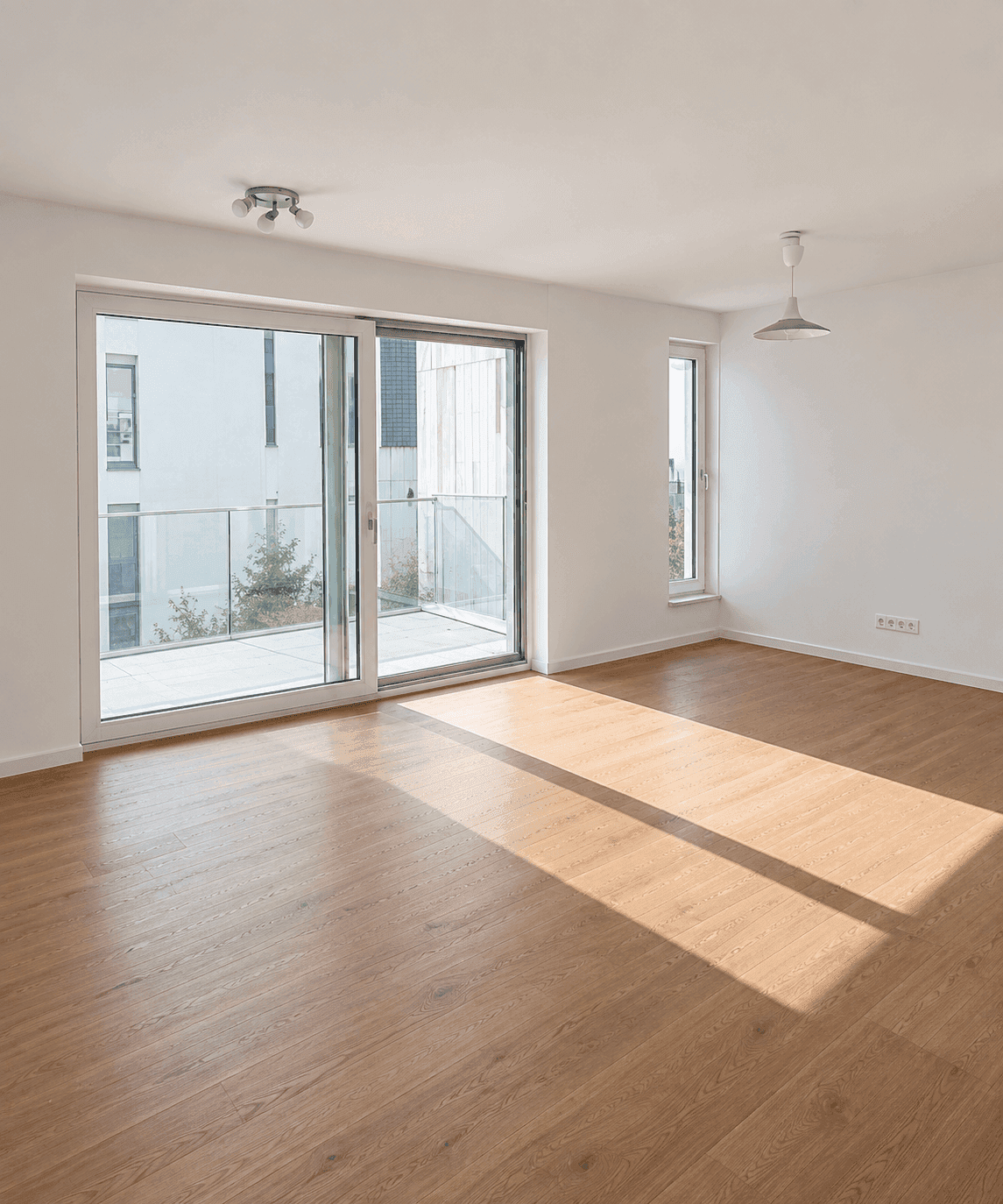 Geräumiges Wohnzimmer mit Holzboden, großen Fenstern und Zugang zu einem Balkon.