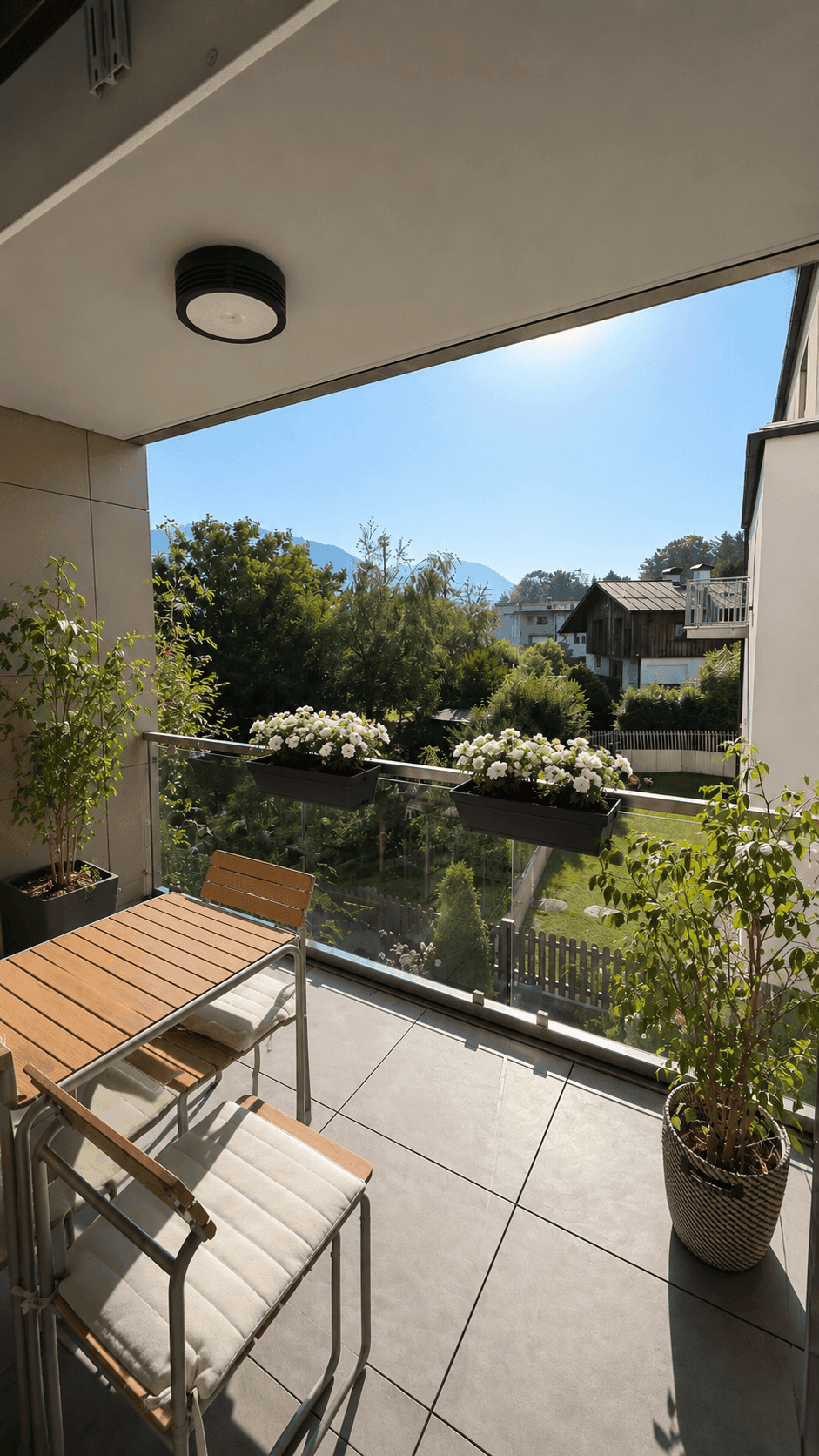 Sonniger Balkon mit Holztisch, Stühlen und Blick auf die umliegende grüne Landschaft.