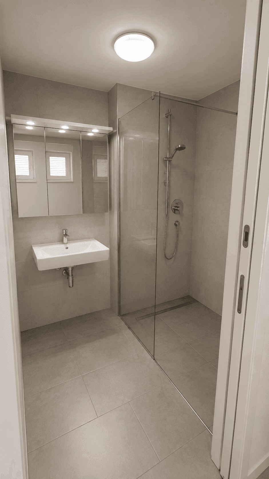 Modernes Badezimmer mit begehbarer Dusche, Waschbecken und Spiegelschrank.