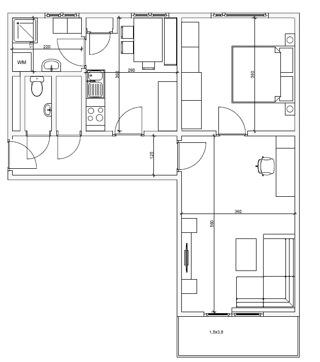 Grundriss einer Wohnung mit Schlafzimmer, Wohnzimmer, Küche, Bad und Balkon.