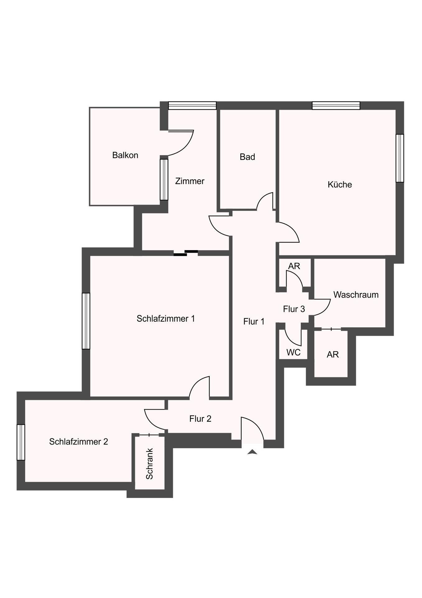 Grundriss einer Wohnung mit zwei Schlafzimmern, einem weiteren Zimmer, Küche, Bad und Balkon.