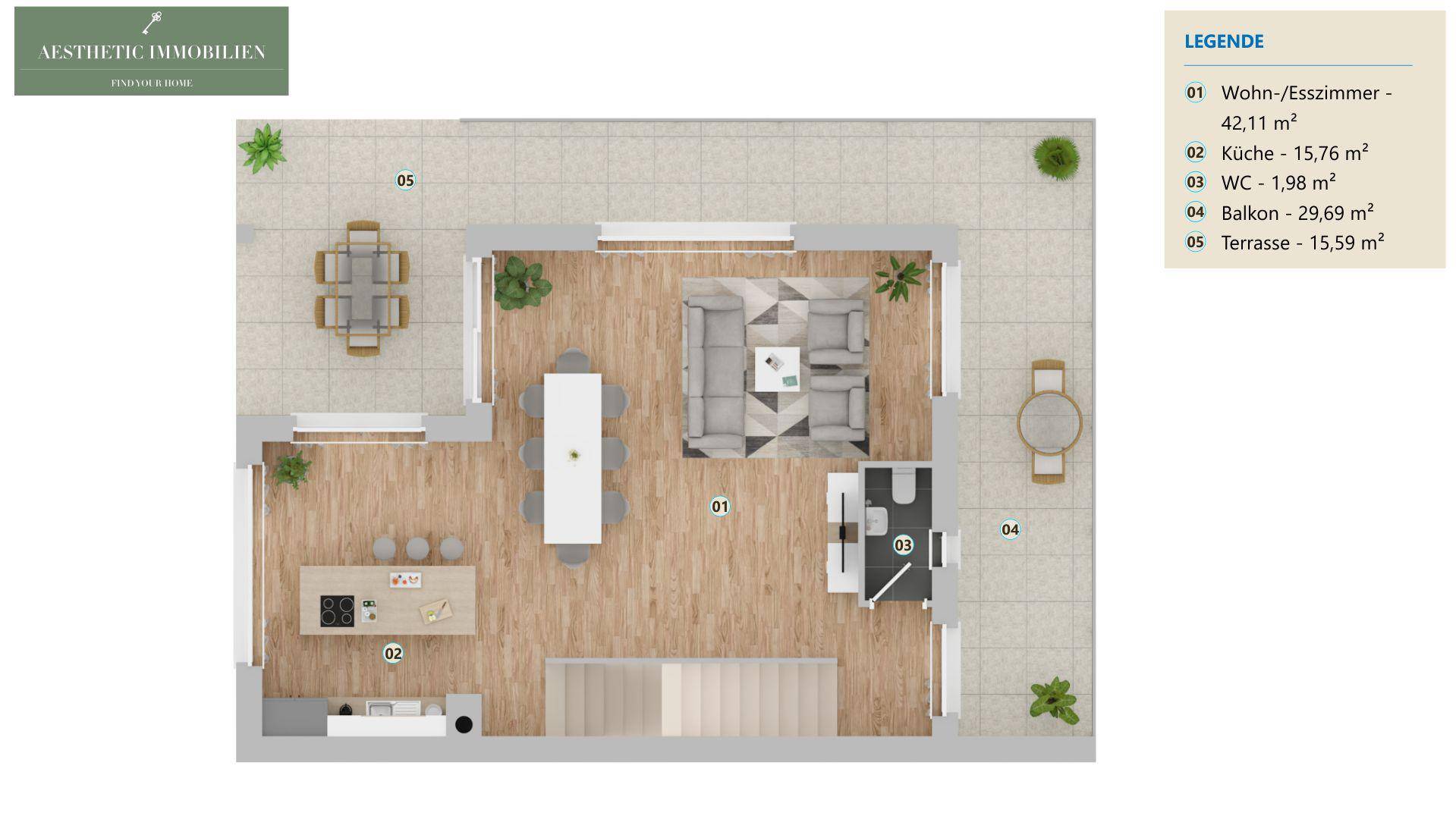 Grundriss des Obergeschosses mit offener Küche, Wohn-Essbereich und Balkon.