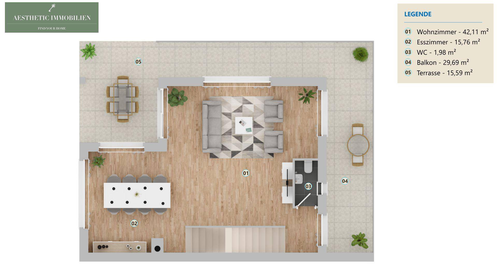 Grundriss des Obergeschosses mit offenem Wohn-Essbereich und großem Balkon.