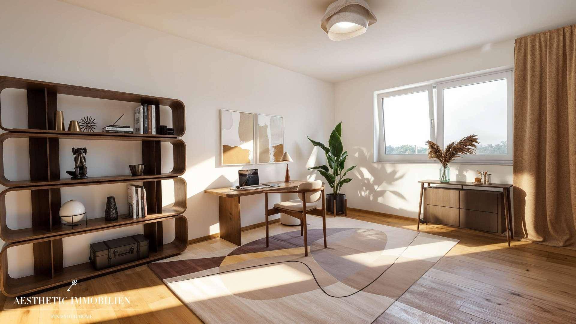 Modern eingerichtetes Arbeitszimmer mit Holzboden, Bücherregal und großem Fenster.