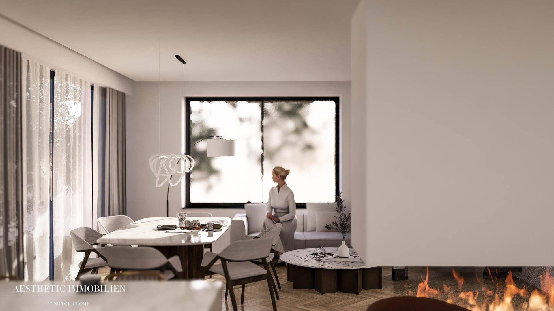 Helle Visualisierung eines modernen Essbereichs mit großem Fenster und stilvoller Einrichtung.