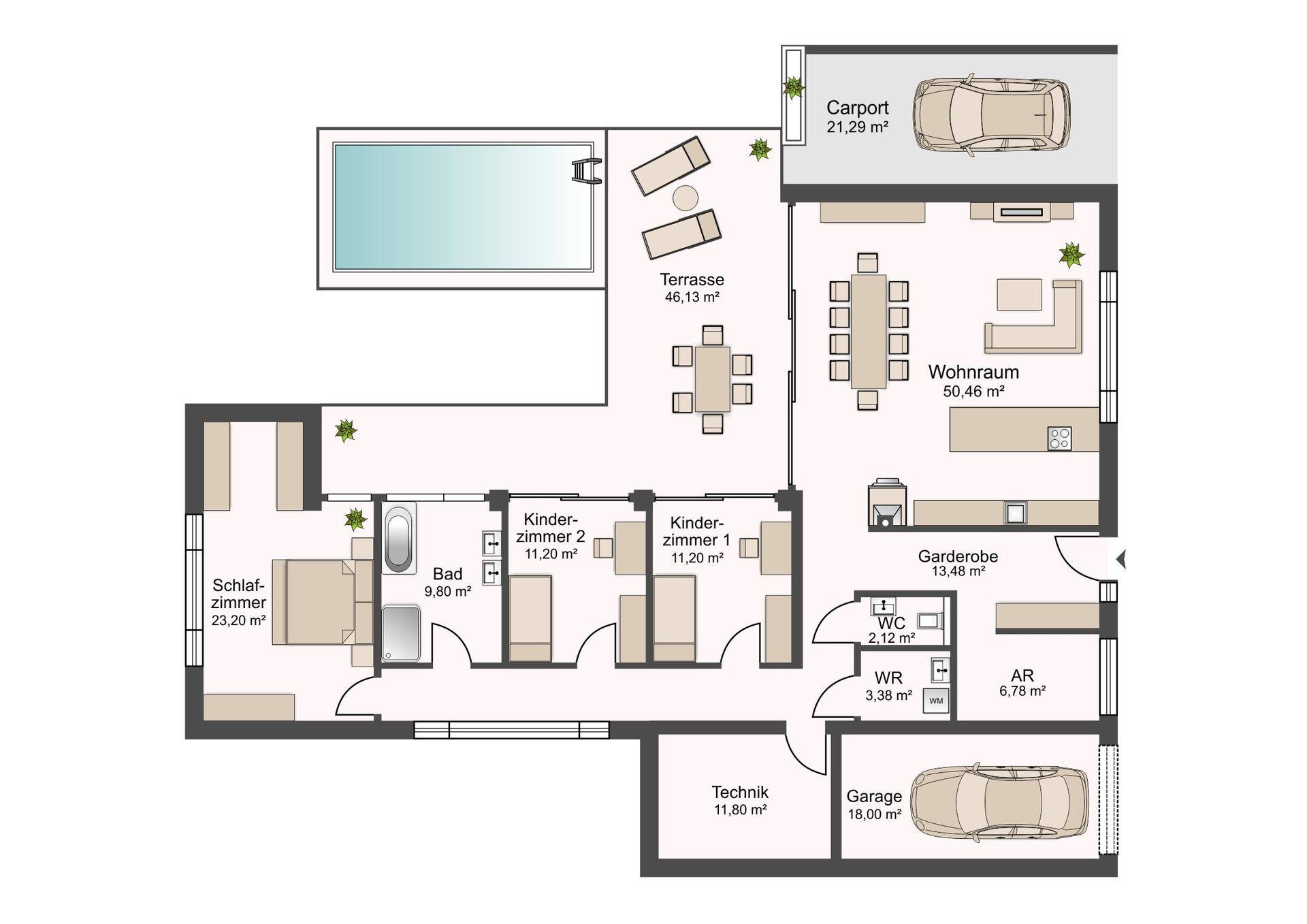 Detaillierter Grundriss des Hauses mit Pool, Terrasse und Carport.