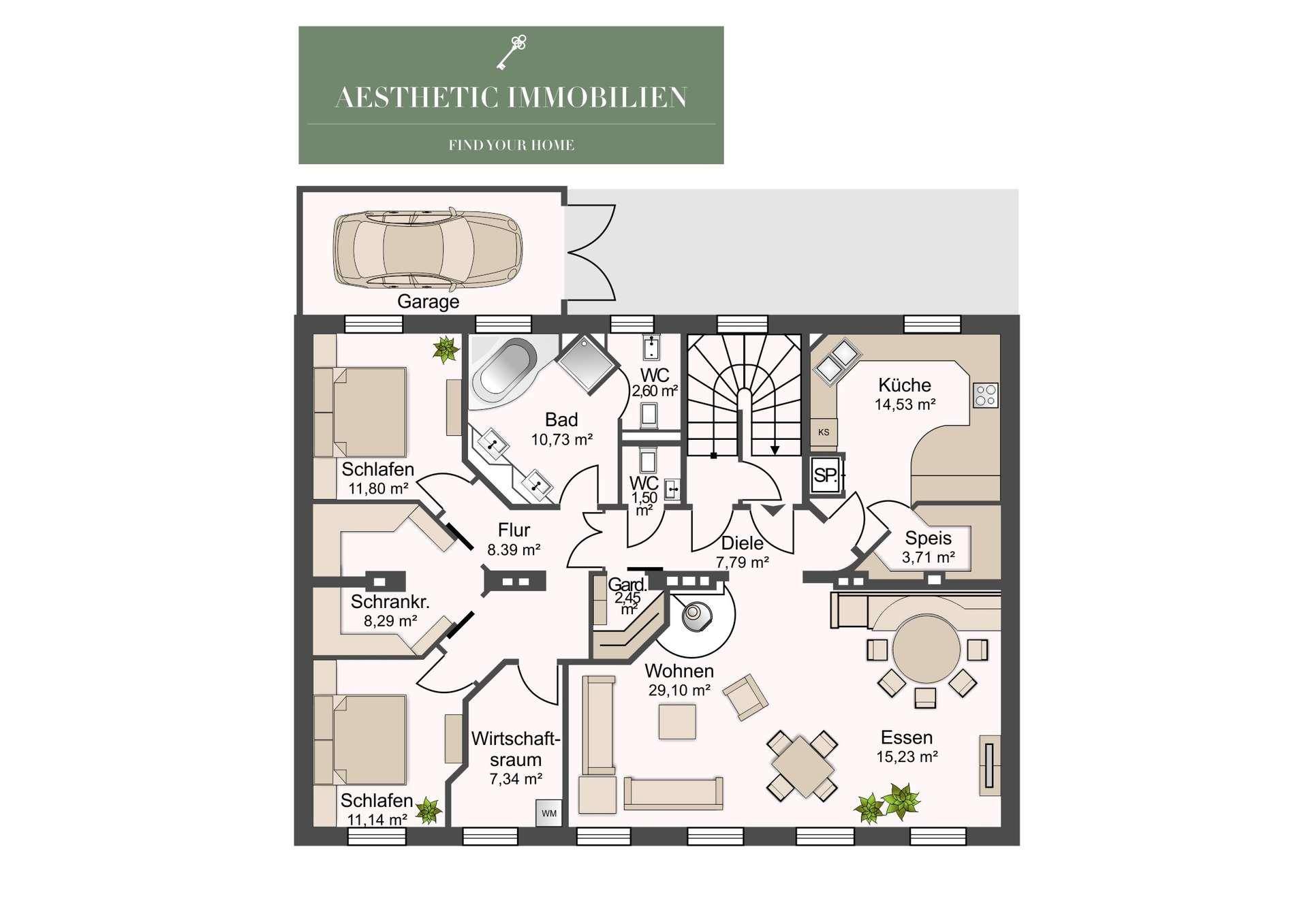 Grundriss des Erdgeschosses mit Garage, offener Küche, Wohn- und Essbereich sowie zwei Schlafzimmern und Bädern.