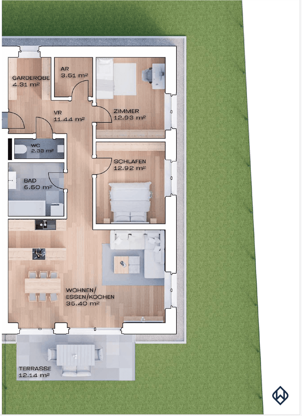 Grundriss einer Wohnung mit offenem Wohnbereich, zwei Schlafzimmern und Terrasse.